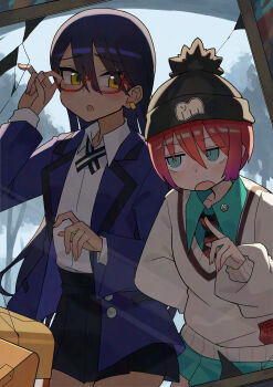 2girls :o absurdres adjusting_eyewear amate_yuzuriha black_hair black_ribbon black_skirt collared_shirt commentary_request cowboy_shot day earclip glasses green_eyes green_shirt green_skirt gundam gundam_gquuuuuux hair_between_eyes hands_up highres jacket jitome katsu_(katsupainter) layered_sleeves long_hair long_sleeves looking_at_another miniskirt multiple_girls neck_ribbon necktie nyaan_(gundam_gquuuuuux) open_clothes open_jacket open_mouth outdoors pleated_skirt purple_jacket red-framed_eyewear red_hair ribbon shirt short_hair skirt striped_clothes striped_necktie striped_ribbon sweater white_sweater yellow_eyes