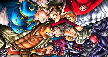 Rule 34 | 2boys, 4girls, abs, absurdres, ainu clothes, angry, artist name, black hair, blue hair, breasts, brown eyes, brown hair, capcom, chain, chinese clothes, chun-li, clenched hand, clenched teeth, crossover, face-to-face, hair ribbon, headband, highres, jacket, japanese clothes, justice gakuen, kazama akira, large breasts, legs, multiple boys, multiple girls, muscular, muscular male, nakoruru, open clothes, open jacket, open mouth, pants, pink lips, ponytail, ribbon, ryu (street fighter), samurai spirits, shirt, short hair, sleeveless, sleeveless shirt, snk, street fighter, teeth, the king of fighters, thighs