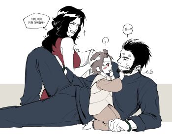 1boy 2girls akamaru_(naruto) alternate_universe beard black_hair blush_stickers bracelet breasts brown_hair child closed_eyes commentary_request drawing_on_another's_face facial_hair family father_and_daughter grin hand_on_own_chin highres husband_and_wife jewelry korean_commentary korean_text large_breasts long_hair may_c mother_and_daughter multiple_girls naruto:_the_last naruto_(series) red_eyes sarutobi_asuma sarutobi_mirai short_hair sitting smile sweatdrop translation_request yuuhi_kurenai