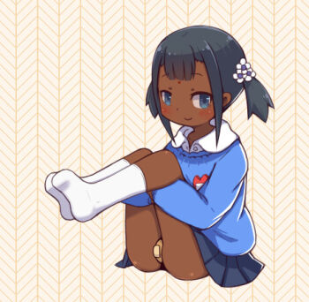 1girl ass bandaid bandaid_on_pussy bindi black_hair blue_eyes blush dark-skinned_female dark_skin female_focus hugging_own_legs kindergarten_uniform loli looking_at_viewer lowres no_panties no_shoes omunikin original short_twintails skirt smile socks solo twintails
