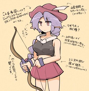 Rule 34 | 1girl, absurdres, bow (weapon), braid, breasts, closed mouth, commentary request, crop top, elf, hat, highres, long hair, midriff, monster girl, pointy ears, sheila ship2, simple background, single braid, skirt, solo, star ocean, star ocean: the second story, translation request, twin braids, weapon, yellow background