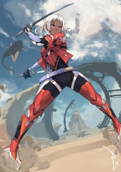 1girl absurdres armor blue_eyes bodysuit commentary dark-skinned_female dark_skin elma_(xenoblade_x) english_commentary full_body gloves hair_ornament highres long_hair raynlikerain sword weapon white_hair xenoblade_chronicles_(series) xenoblade_chronicles_x