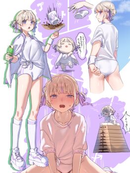 1girl absurdres adjusting_clothes adjusting_shorts ass blonde_hair blush breasts chibi collarbone commentary_request cup food food_on_face from_behind full_body hair_ribbon highres holding holding_cup hololive hololive_dev_is jacket jacket_on_shoulders milkshake_glass motion_lines multiple_views open_mouth platform_shoes purple_ribbon ribbon shirt shoes short_hair short_shorts shorts sleeves_rolled_up small_breasts sneakers socks speech_bubble sweatdrop throwing tied_shirt todoroki_hajime translation_request tsuwamun two_side_up vaulting_horse weighted_clothes white_jacket white_shirt white_shoes white_shorts white_socks wrist_weights