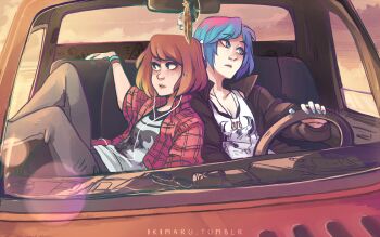 2girls artist_name black_jacket black_pants blue_eyes blue_hair blue_nails brown_hair car chloe_price ikimaru jacket life_is_strange_(series) life_is_strange_1 max_caulfield motor_vehicle multiple_girls open_clothes open_shirt pants plaid_clothes plaid_vest red_shirt shirt short_sleeves tank_top tumblr_username vest white_tank_top