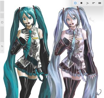 1girl aqua_eyes aqua_hair aqua_nails aqua_necktie art_program_in_frame bingi black_sleeves detached_sleeves grey_shirt hand_on_own_chest hatsune_miku headphones headset highres long_hair looking_at_viewer microphone multiple_views necktie number_tattoo open_mouth procreate_(software) sharp_teeth shirt tattoo teeth twintails user_interface very_long_hair vocaloid