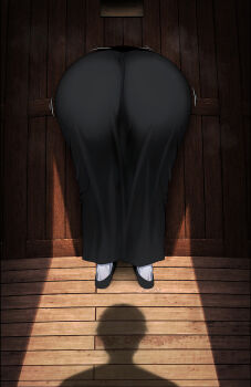 1boy 1girl ass ass_focus bent_over black_shoes commentary dress english_commentary from_behind glory_wall highres huge_ass imminent_penetration indoors jjanda ljjanda lower_body nun original shoes silhouette socks steam steaming_body taut_clothes taut_dress through_wall traditional_nun white_socks wooden_wall