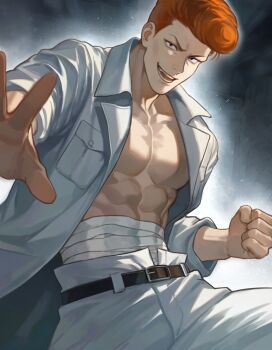 1boy abs bandaged_chest belt collared_jacket inazumako jacket kuwabara_kazuma male_focus muscular muscular_male open_clothes open_jacket open_mouth orange_hair pompadour rolled_sleeves short_hair smile solo white_jacket yuu_yuu_hakusho