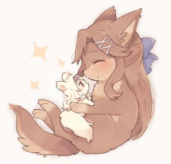 animal animal_focus animal_with_hair animalization blush brown_dog brown_hair closed_eyes closed_mouth commentary_request dog hair_ornament hairband long_hair looking_at_another nako_(user_wnnm5534) no_humans saijo_claudine shoujo_kageki_revue_starlight size_difference smile tendo_maya x_hair_ornament