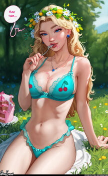 1girl absurdres aroma_sensei bare_shoulders biting blonde_hair blue_bra blue_eyes blush bra breasts buttons cake cleavage collarbone daisy_(flower) earrings eating english_text eyeshadow flower food food_on_body food_on_breasts fork freckles frilled_panties frills haley_(stardew_valley) head_wreath heart highres jewelry large_breasts lips long_hair makeup navel necklace open_clothes open_shirt outdoors panties sideboob skirt smile solo sparkle stardew_valley underwear undressing wavy_hair