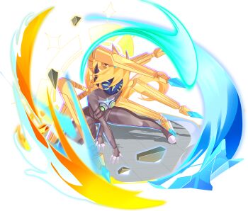 1girl absurdres aizeis alternate_costume blonde_hair body_armor bodystocking bodysuit breasts chest_jewel ciel_(mega_man) commission commissioner_upload covered_navel crown energy extra_eyes fighting_stance forehead_jewel full_body gloves green_eyes highres long_hair mask mechanical_ears mechanical_wings mega_man_(series) mega_man_zero_(series) mega_man_zx model_w_(mega_man) no_armor non-web_source petite ponytail small_breasts solo thighs tiara transparent_background wings