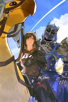 1girl 1other ambiguous_gender armor black_hair breastplate chocobo commentary_request covered_mouth cowl dark_knight_(final_fantasy) final_fantasy final_fantasy_xiv fray_myste full_armor gauntlets helm helmet highres holding holding_reins hyur korean_commentary looking_ahead looking_at_another original pauldrons reins shad0w1nlight short_hair shoulder_armor sitting_on_animal sweatdrop warrior_of_light_(ff14) yellow_eyes