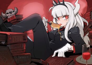 Rule 34 | 1girl, alcohol, breasts, business suit, crown, cup, demon girl, demon horns, drinking glass, english text, female focus, food, fork, formal clothes, gloves, helltaker, highres, horns, long hair, low-tied long hair, lucifer (helltaker), mole, mole under eye, neckwear request, pancake, patipat asavasena, red eyes, red shirt, shirt, skeleton (helltaker), solo, suit, tongue, tongue out, white hair, white horns, wine, wine glass