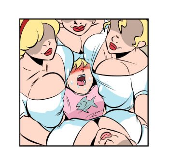 1boy 4girls age_difference blonde_hair blush breasts brown_hair cleavage covered_erect_nipples faceless faceless_female faceless_male glassfish highres huge_breasts incest interracial mother_and_son multiple_breast_smother multiple_girls open_mouth shota surrounded_by_breasts sweat thick_lips third-party_edit