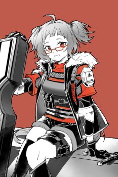 1girl :d ahoge arknights asymmetrical_legwear beagle_(arknights) beagle_(dreadnaught)_(arknights) chinese_commentary clothes_writing commentary_request diamond-shaped_pupils diamond_(shape) fur-trimmed_jacket fur_trim glasses gloves highres holding jacket kneehighs looking_at_viewer official_alternate_costume open_clothes open_jacket open_mouth orange-framed_eyewear orange_background orange_eyes partially_colored piaoliu_ping_ping_ping_pingzi pouch short_hair simple_background single_kneehigh single_sock single_thighhigh sitting smile socks solo split_mouth symbol-shaped_pupils thighhighs twintails uneven_legwear