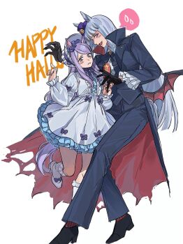 2girls absurdres alternate_costume ammi_(mayflyaa) animal_ears black_cape black_gloves black_jacket black_pants blunt_bangs bonnet bow breasts candy cape closed_mouth dress fangs flower food gloves gold_ship_(umamusume) grey_hair hair_flower hair_ornament halloween halloween_costume hat highres holding holding_candy holding_food holding_lollipop horse_ears horse_girl horse_tail jacket lollipop long_hair long_sleeves mejiro_mcqueen_(umamusume) mini_hat mini_top_hat multiple_girls open_mouth pants popped_collar purple_eyes purple_hair red_cape shirt shoes smile swirl_lollipop tail top_hat umamusume vampire vampire_costume white_bonnet white_dress white_shirt