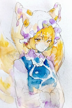 Rule 34 | 1girl, animal ears, animal hat, arm under breasts, blonde hair, blue tabard, breasts, commentary request, eyelashes, fox ears, fox girl, fox tail, hair between eyes, hat, highres, kitsune, kyuubi, large tail, multiple tails, navybluesparrow, painting (medium), perfect cherry blossom, signature, simple background, solo, tabard, tail, touhou, traditional media, very long tail, watercolor (medium), white background, yakumo ran