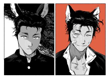 1boy animal_ear_fluff animal_ears atie1225 bandage_on_face bandages bone bruise bruise_on_chest bruise_on_face chinese_commentary closed_eyes collar collared_shirt commentary_request fox_ears gakuran highres injury jacket limited_palette looking_at_viewer male_focus messy_hair mito_youhei multiple_views open_collar portrait rabbit_ears school_uniform shirt slam_dunk_(series) smile