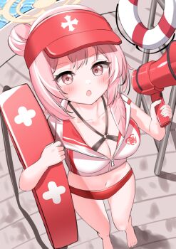 Rule 34 | 1girl, alternate costume, blue archive, breasts, cleavage, collarbone, commentary request, commission, hair bun, halo, highres, holding, ine (ineinnen), innertube, lifeguard, looking at viewer, medium hair, megaphone, midriff, navel, pixiv commission, pool, serina (blue archive), small breasts, solo, swim ring, swimsuit, torpedo buoy, visor cap