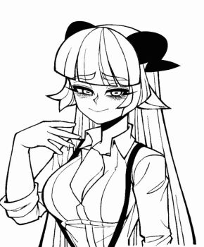 1girl animated baphomet_(grizz) blunt_bangs blush breasts cleavage demon_girl goat_horns greyscale grizz helltaker highres horizontal_pupils horns large_breasts licking licking_finger long_hair monochrome original partially_unbuttoned sleeves_rolled_up solo suspenders tagme tongue tongue_out upper_body video