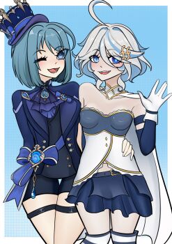 2girls breasts fang furina_(genshin_impact) heterochromia kurodahlia18 miki_sayaka multiple_girls short_hair small_breasts