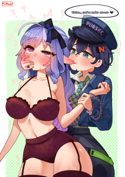 2girls belle_(zenless_zone_zero) biting biting_ear blue_eyes blue_hair blue_jacket blush bra checkered_necktie collared_shirt commentary cuffs english_commentary english_text finger_in_another&#039;s_mouth garter_straps green_background handcuffs highres jacket lingerie long_hair miimach7 multiple_girls necktie panties pink_eyes purple_hair red_bra red_panties red_thighhighs saliva shirt short_hair speech_bubble thighhighs underwear underwear_only vivian_banshee white_shirt yuri zenless_zone_zero