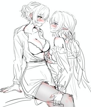 Rule 34 | 2girls, blush, breasts, cleavage, collarbone, commentary, dress, eden (honkai impact), elf, elysia (honkai impact), hand on another's thigh, highres, honkai (series), honkai impact 3rd, hsjejnx, large breasts, long hair, looking at another, medium breasts, multiple girls, open clothes, open shirt, pantyhose, partially colored, pointy ears, shirt, short hair, skirt, symbol-only commentary, very long hair, yellow eyes, yuri