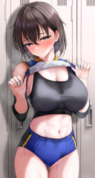 1girl black_hair black_sports_bra blue_buruma blush breasts buruma cleavage closed_mouth clothes_lift commentary_request elbow_pads embarrassed fed_(giba) hair_between_eyes highres indoors large_breasts locker locker_room looking_at_viewer navel original purple_eyes shirt_lift short_hair solo sports_bra standing sweat thigh_gap