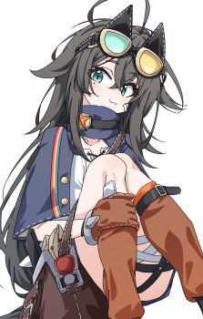 1girl :3 ahoge bag bandage_on_face bandage_on_leg bandages black_hair blue_capelet blue_eyes blue_shorts brown_gloves capelet closed_mouth crossed_bangs feet_out_of_frame fugu43 gloves goggles goggles_on_head hair_between_eyes head_tilt highres huge_ahoge knees_together_feet_apart letter long_hair messy_hair satchel shirt shorts simple_background sitting smile solo stella_sora teresa_(stella_sora) very_long_hair white_background white_shirt
