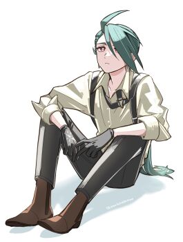 1girl ahoge black_gloves black_necktie black_pants bright_pupils brown_shoes closed_mouth commentary_request frown gloves green_hair hair_spread_out highres necktie nintendo pants pokemon pokemon_sv pon_(ponymmtknsk) red_eyes reverse_trap rika_(pokemon) shirt shoes sitting solo suspenders white_pupils white_shirt