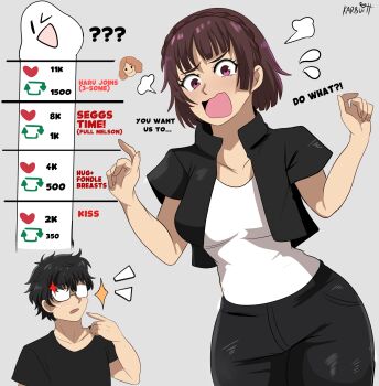 amamiya_ren atlus black_hair brown_eyes brown_hair english_text glasses heart jacket megami_tensei niijima_makoto okumura_haru persona persona_5 shirt twitter_strip_game