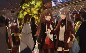 Rule 34 | 6+girls, absurdres, brown hair, checkered clothes, checkered scarf, chinese commentary, coat, commentary, girls' frontline, hei chuan gui, highres, jacket, m4a1 (girls' frontline), multiple girls, red scarf, scar, scar across eye, scar on face, scarf, shopping, smile, ump45 (girls' frontline), ump9 (girls' frontline), wa2000 (girls' frontline), winter clothes