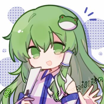 Rule 34 | 1girl, chinese commentary, collared shirt, commentary request, commission, detached sleeves, fby1313133, frog hair ornament, green eyes, green hair, hair ornament, hair tubes, kochiya sanae, long hair, open mouth, shirt, single hair tube, snake hair ornament, solo, touhou