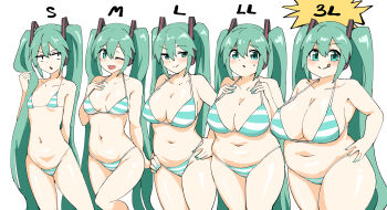 1girl :q alternate_body_size alternate_breast_size_(larger) aqua_eyes aqua_hair arm_behind_back bikini blush breast_expansion breasts chart cleavage closed_mouth collarbone commentary_request cowboy_shot dot_nose fat fat_woman hair_between_eyes hair_ornament hands_on_own_hips hatsune_miku highres huge_breasts jaggy_lines jitome large_breasts lineup long_hair looking_at_viewer medium_breasts multiple_views navel one_eye_closed open_mouth parted_lips plump sanpaku simple_background size_difference small_breasts split_mouth string_bikini striped_bikini striped_clothes sweatdrop swimsuit tareme tenten_(chan4545) thick_thighs thighs tongue tongue_out twintails variations very_long_hair vocaloid weight_gain white_background