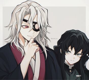 2boys black_haori black_jacket closed_mouth eyepatch fingernails green_nails hair_between_eyes hand_up haori high_collar highres jacket japanese_clothes kimetsu_no_yaiba kimono looking_at_another male_focus multiple_boys pink_eyes red_kimono smile susimesi_sun tokitou_muichirou trap upper_body uzui_tengen white_hair