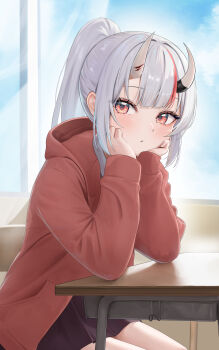 1girl absurdres alternate_costume black_skirt blue_sky center-flap_bangs chair classroom collared_shirt commentary_request curtains day desk hair_between_horns hands_on_own_chin highres hololive hood hooded_jacket horns indoors jacket kakinotane_e long_hair long_sleeves miniskirt nakiri_ayame oni pink_jacket ponytail red_eyes red_streaks school_chair school_desk see-through_curtains shirt sitting skin-covered_horns skirt sky solo virtual_youtuber white_hair white_shirt window