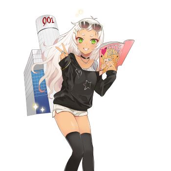 1girl black_choker black_skirt black_thighhighs book bracelet breasts choker commentary_request dark-skinned_female dark_skin eyewear_on_head green_eyes holding holding_book jewelry long_hair magazine_(object) medium_breasts merueto mylene_halley shibuya_109 short_shorts shorts skirt sunglasses tan teeth thighhighs uchi_no_hime-sama_ga_ichiban_kawaii v white_hair white_shorts