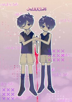Rule 34 | 2boys, antenna hair, black eyes, black hair, black socks, black sweater vest, black tank top, black thighhighs, brown shorts, closed mouth, collarbone, collared shirt, double-parted bangs, dual persona, expressionless, hair between eyes, highres, holding, holding knife, kneehighs, knife, looking at viewer, male focus, multiple boys, omori, omori (omori), one eye closed, romaji text, rou (h s sinrin), shared weapon, shirt, short hair, short sleeves, shorts, socks, striped clothes, striped shorts, sunny (omori), sweater vest, tank top, thighhighs, translated, vertical-striped clothes, vertical-striped shorts, white shirt, white shorts
