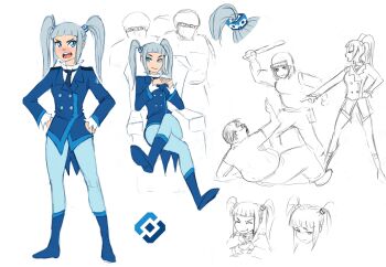 Rule 34 | 1girl, 1other, 3boys, blue boots, blue coat, blue eyes, blue pants, blush, boots, coat, crossed legs, cube hair ornament, flick-the-thief, formal clothes, frilled shirt collar, frills, frown, hair ornament, multiple boys, multiple views, necktie, open mouth, pants, reference sheet, rkn-chan, roskomnadzor, russia, russian text, shirt, simple background, sketch, sketch inset, smile, smug, suit, teeth, tongue, twintails, upper teeth only, white background, white hair, white shirt