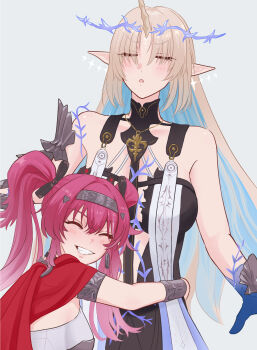 2girls 8k_u alternate_breast_size_(smaller) bare_shoulders black_bow black_dress blonde_hair blue_hair bow breasts closed_eyes colored_inner_hair commentary_request crown_of_thorns dress earrings facing_viewer fleurdelys_(wuthering_waves) floating_earrings grey_background grin hair_bow hairband height_difference highres jewelry large_breasts long_hair lupa_(wuthering_waves) medium_breasts metal_hairband multicolored_hair multiple_girls multiple_hair_bows parted_bangs pink_hair pointy_ears simple_background smile tabard tacet_mark_(wuthering_waves) twintails white_tabard wuthering_waves