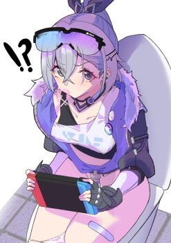 !? 1girl bandaid_on_thigh blowing_bubble_gum chewing_gum commentary_request crossed_bangs eyewear_on_head fur-trimmed_jacket fur_trim gloves goggles goggles_on_head gradient-tinted_eyewear grey_eyes grey_gloves handheld_game_console holding holding_handheld_game_console honkai:_star_rail honkai_(series) jacket playing_games playing_video_games purple-tinted_eyewear shirt silver_wolf_(honkai:_star_rail) simple_background single-shoulder_shirt solo thighs tinted_eyewear white_background ynfkin