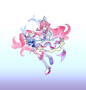 1girl absurdres antenna_hair arm_bow arm_up ascot back_bow blue_background boots bow braid cure_prism dot_nose dress earrings elbow_gloves frilled_dress frills full_body gloves gradient_background green_eyes hair_bow half_up_braid half_up_half_down_braid happy heart heart-shaped_hair heart_antenna_hair heart_print high_heel_boots high_heels highres hirogaru_sky!_precure inhan jewelry knee_boots leg_up light_blush long_hair magical_girl multiple_braids nijigaoka_mashiro open_mouth pink_hair pointing pointing_at_self precure short_dress short_sleeves smile solo sphere_earrings standing swept_bangs tachi-e twin_braids very_long_hair wavy_hair white_ascot white_background white_boots white_bow white_dress white_gloves