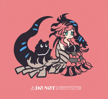 Rule 34 | 1girl, absurdres, adversarial noise, black dress, black hands, black veil, blue eyes, carbuncle (reverse:1999), centauroid, chimera, colored extremities, creature, dress, full body, highres, long hair, looking at viewer, monster girl, nautika (reverse:1999), pink background, pink hair, reverse:1999, sitting, solo, taur, tn kn1000, veil, watermark