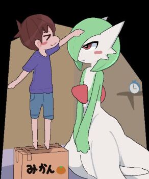 Rule 34 | > <, 1boy, 1girl, ^ ^, age difference, animated, arm up, barefoot, blinking, blue shorts, blush, blush stickers, bob cut, box, brown hair, cardboard box, clock, closed eyes, closed mouth, colored skin, commentary request, flat chest, full body, gardevoir, gen 3 pokemon, green hair, green skin, hair over one eye, hand on another's head, happy, headpat, heart, heart-shaped pupils, height difference, indoors, jaggy lines, kneeling, looping animation, mikan box, multicolored skin, nintendo, one eye covered, open mouth, own hands together, pokemon, pokemon (creature), purple shirt, red eyes, shirt, short hair, short sleeves, shorts, sky necko, smile, split mouth, standing, symbol-shaped pupils, tagme, tiptoes, two-tone skin, ugoira, v arms, video, white skin