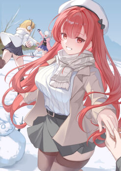 1boy 2nom_shiki 3girls absurdres anis_(nikke) bad_id bad_pixiv_id belt beret black_belt blue_skirt blue_sky breasts brown_coat brown_hair coat commander_(nikke) commentary_request counters_(nikke) goddess_of_victory:_nikke grey_skirt hat highres holding holding_hands holding_snowball large_breasts multiple_girls neon_(nikke) pov pov_hands rapi_(nikke) rapi_(red_hood)_(nikke) red_eyes red_hair short_hair skirt sky smile snow snowball snowball_fight sweater thighs white_coat white_sweater winter_clothes winter_coat