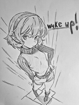 Rule 34 | 1girl, absurdres, belt, boots, from above, graphite (medium), hairband, hand on own hip, highres, long sleeves, looking at viewer, nintendo, pointy ears, saria (zelda), short hair, short shorts, shorts, takuu (seadog6662), the legend of zelda, the legend of zelda: ocarina of time, traditional media