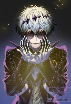 1boy aogiyuki bishounen black_crown crown diamond_hairband formal_clothes gloves graveyard halloween highres jacket long_sleeves looking_at_viewer male_focus pinstripe_jacket pinstripe_pattern pinstripe_suit short_hair skully_j._graves smile solo suit the_nightmare_before_christmas twisted_wonderland white_hair