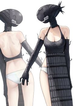 1girl absurdres apron ass black_apron black_gloves bomb_devil_(chainsaw_man) breasts chainsaw_man cleavage dynamite elbow_gloves explosive gloves hashtag-only_commentary highres medium_breasts multiple_views object_head panties simple_background suumon teeth underwear white_background white_panties