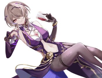 1girl black_pantyhose bra breasts bridal_gauntlets clothing_cutout commentary commentary_request cup dress drinking_glass gloves hair_over_one_eye highres holding holding_cup honkai_(series) honkai_impact_3rd large_breasts looking_at_viewer mole mole_under_eye navel navel_cutout pantyhose purple_dress purple_eyes purple_gloves rita_rossweisse rita_rossweisse_(miss_espionage) simple_background smile solo spill tdatnst underwear white_background white_bra wine_glass