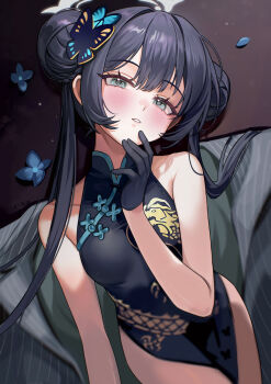 1girl ariko_(aaaaarik) bare_arms bare_legs bare_shoulders black_dress black_gloves blue_archive blush breasts butterfly_hair_ornament china_dress chinese_clothes closed_mouth commentary double_bun dragon_print dress english_commentary gloves grey_eyes grey_jacket hair_between_eyes hair_bun hair_ornament halo hand_on_own_chin highres jacket kisaki_(blue_archive) long_hair looking_at_viewer pelvic_curtain print_dress sidelocks sleeveless sleeveless_dress striped_clothes striped_jacket thighs twintails vertical-striped_clothes vertical-striped_jacket