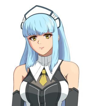 1girl bare_shoulders blue_hair blunt_bangs breasts closed_mouth commentary eiyuu_densetsu english_commentary highres hime_cut kuro_no_kiseki_(series) kuro_no_kiseki_i large_breasts long_hair looking_at_viewer loooolloool maid_headdress necktie portrait puritan_collar risette_twinings short_necktie sidelocks simple_background smile solo white_background yellow_eyes yellow_necktie